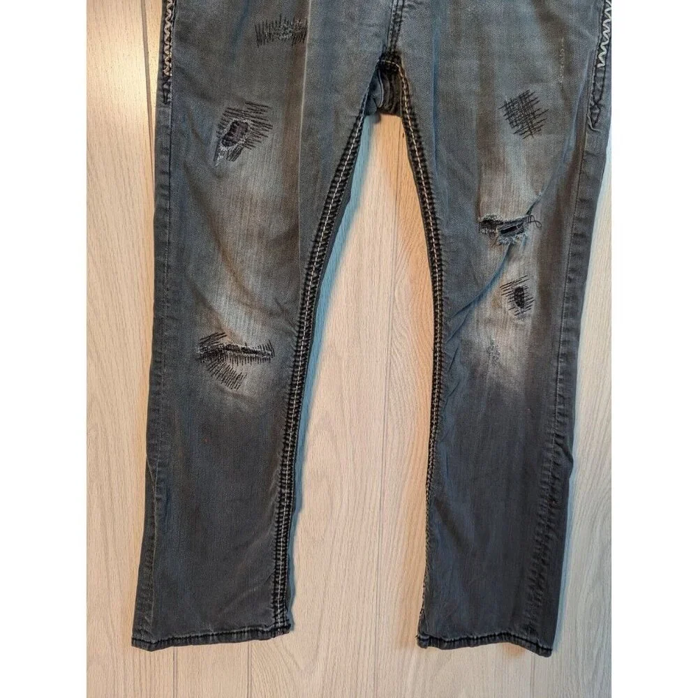 Rock Revival Jeans Mens 33 Gray Denim Finn Slim Boot Distressed READ 34x29